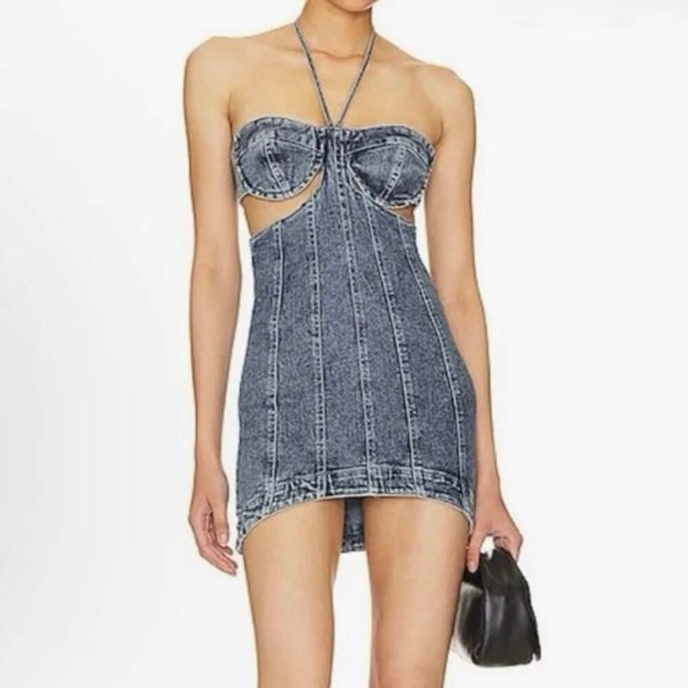 H:ours Velma halter Mini Dress In Indigo Blue Small